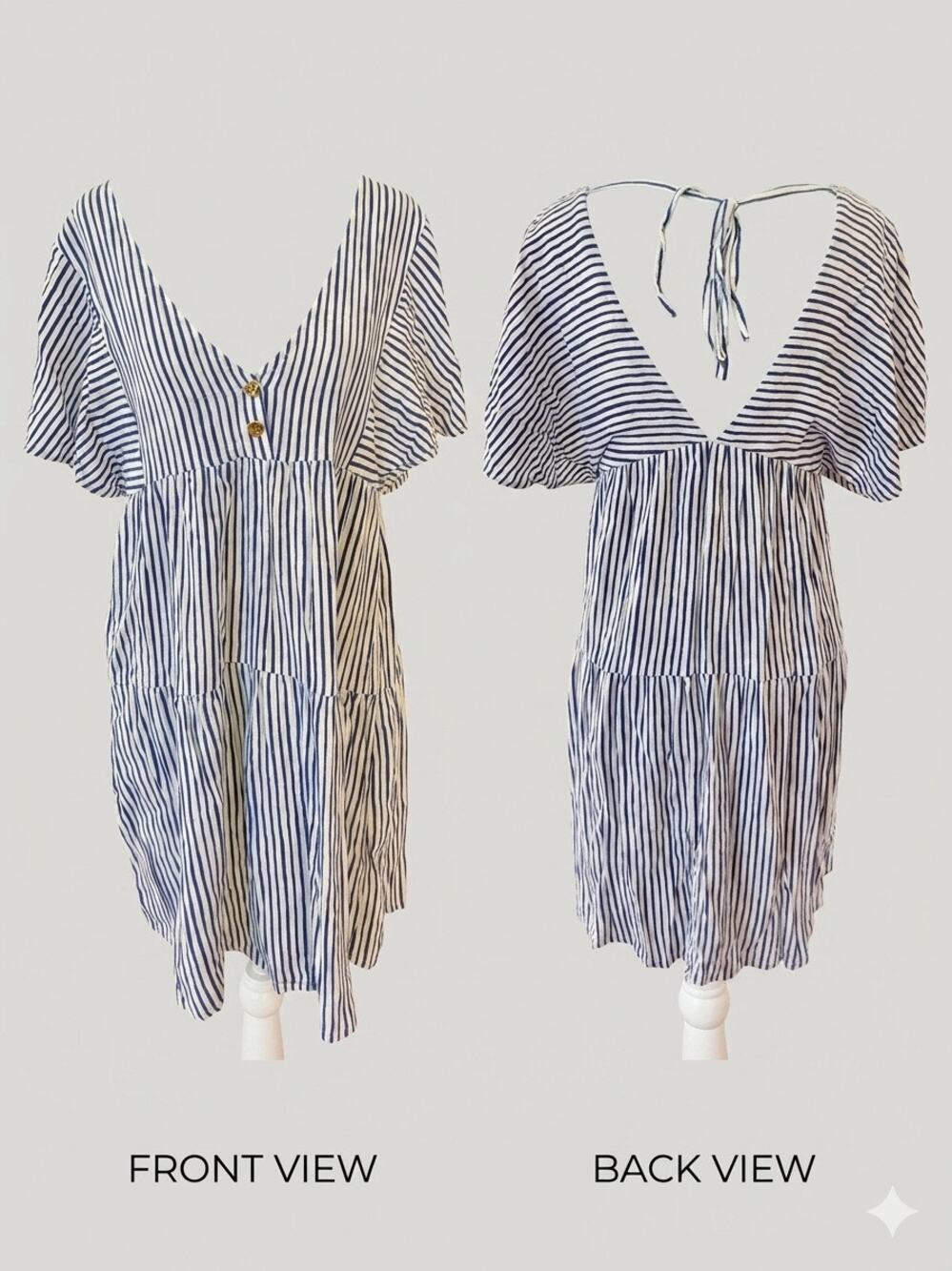 Zara Blue White Striped Tiered Mini Babydoll Dress Tie Open Back beach coverup